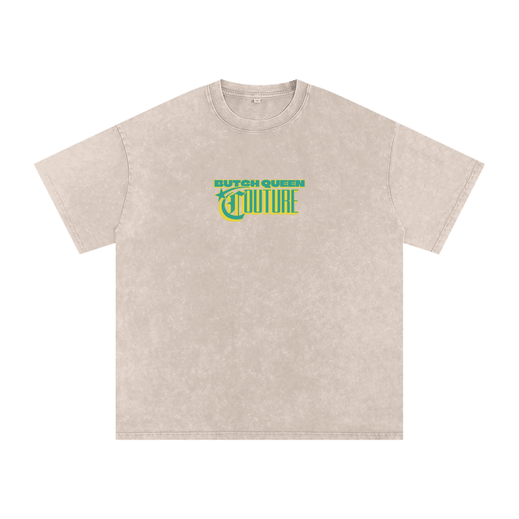 Snow Washed Oversized Cotton T-Shirt with Green BQ Couture Graphic