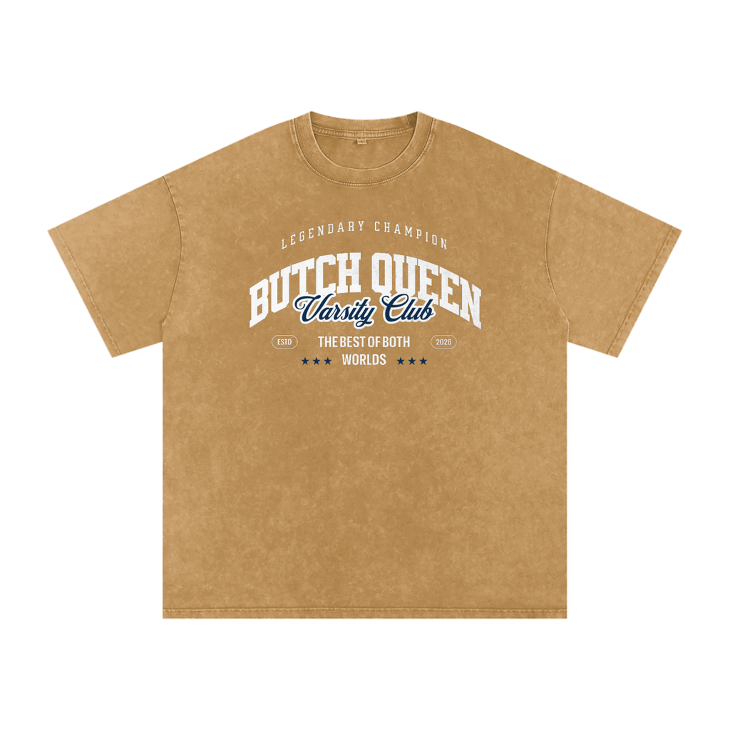 Snow Washed Oversized Cotton T-Shirt with Blue BQ Varsity Graphic
