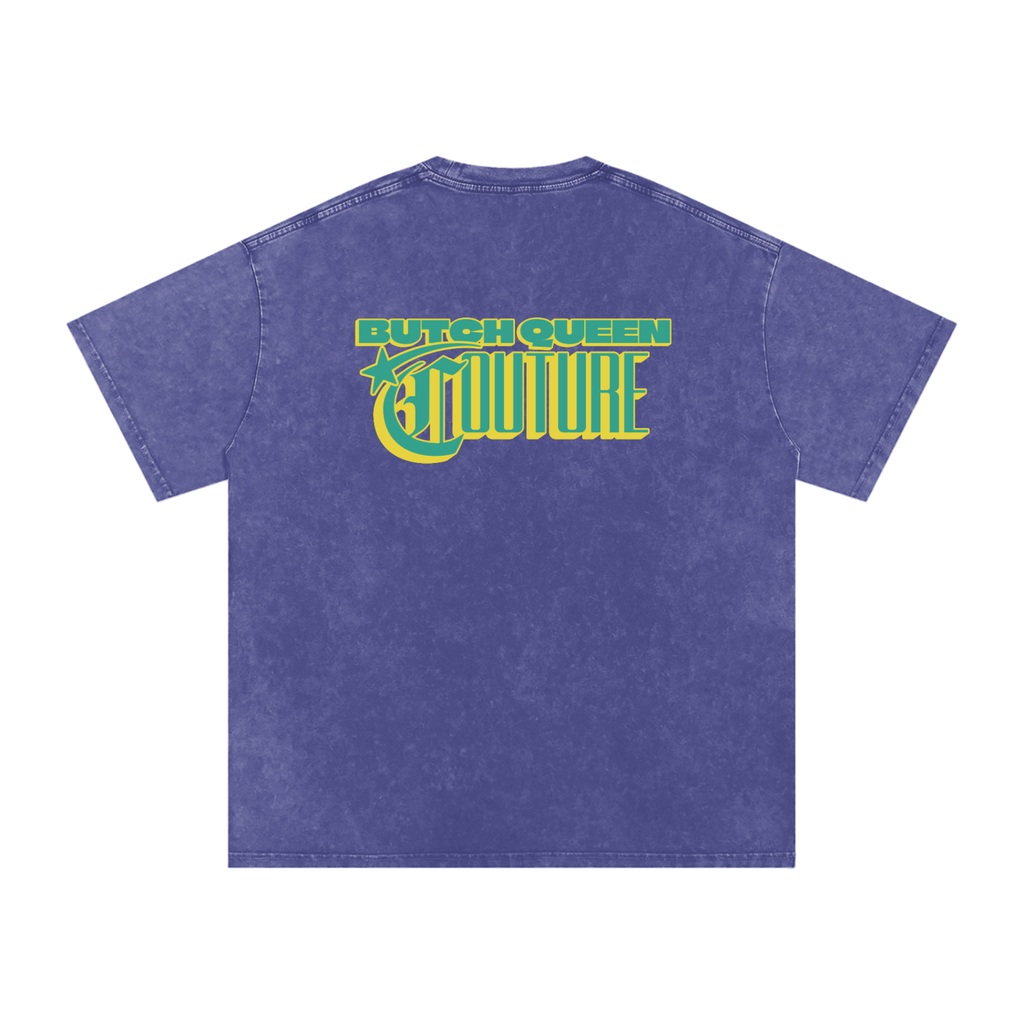 Snow Washed Oversized Cotton T-Shirt with Green BQ Couture Graphic