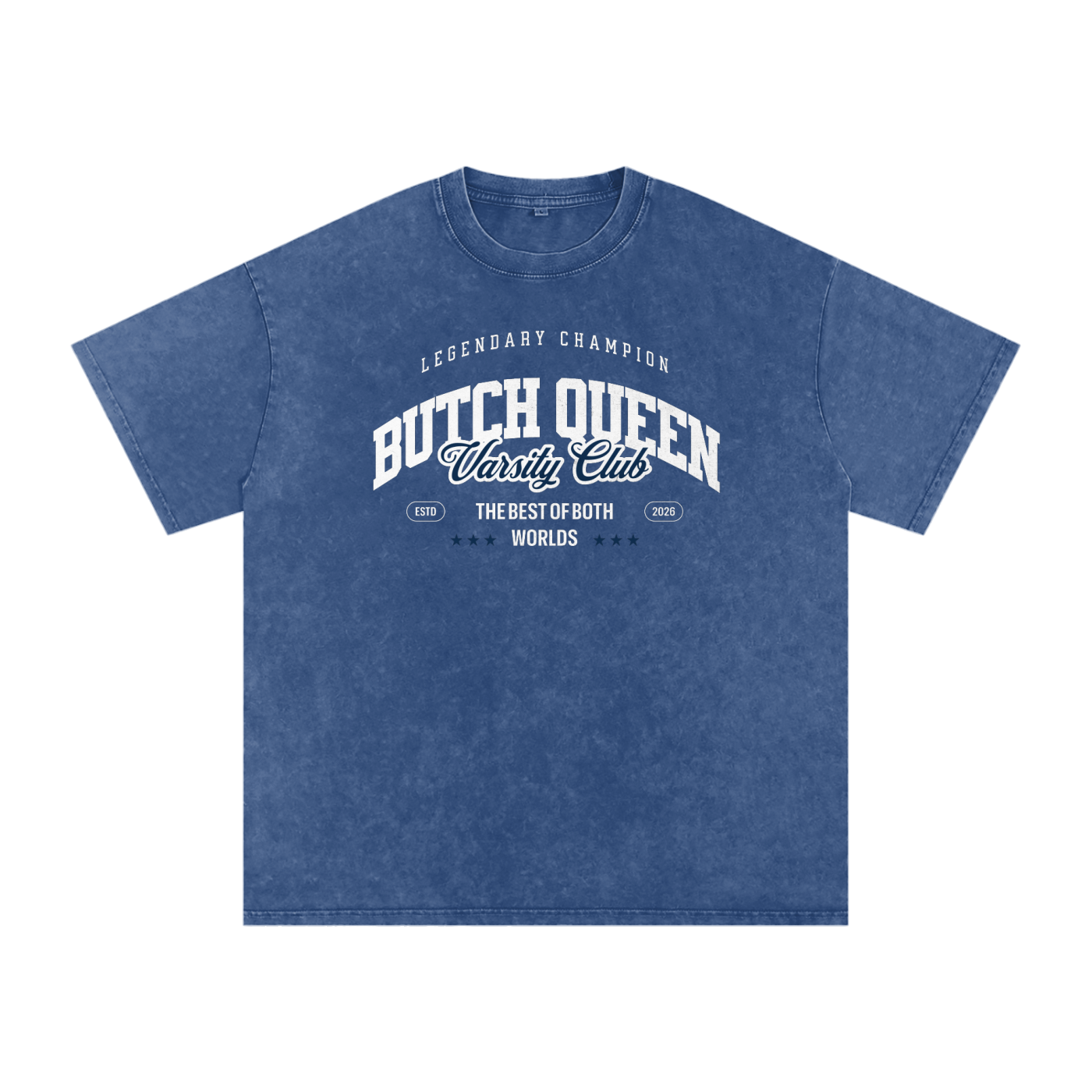 Snow Washed Oversized Cotton T-Shirt with Blue BQ Varsity Graphic