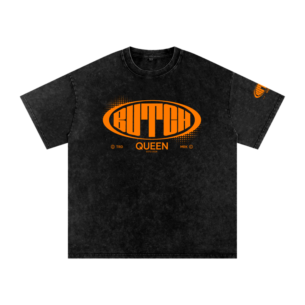 Snow Washed Oversized Cotton T-Shirt with Orange Butch Logo Graphic