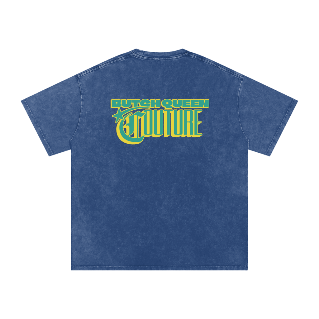 Snow Washed Oversized Cotton T-Shirt with Green BQ Couture Graphic