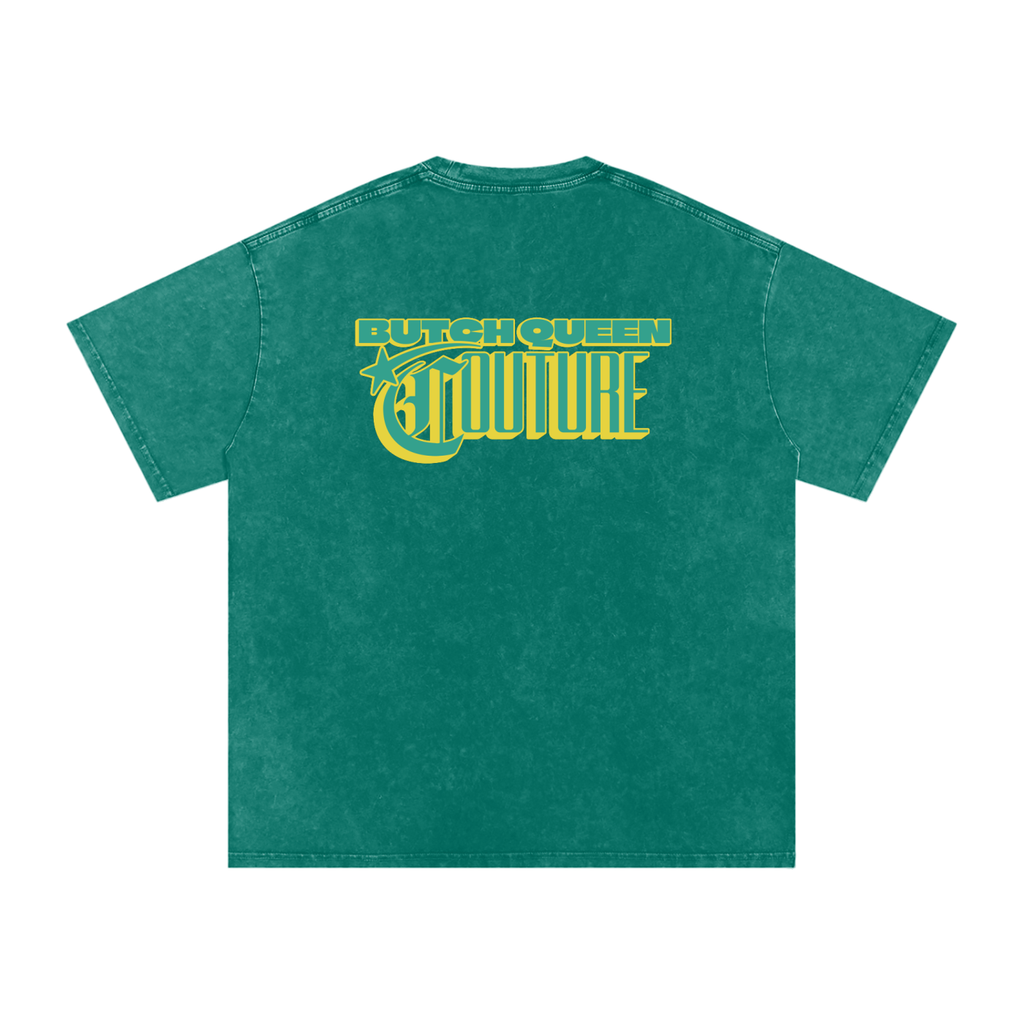 Snow Washed Oversized Cotton T-Shirt with Green BQ Couture Graphic