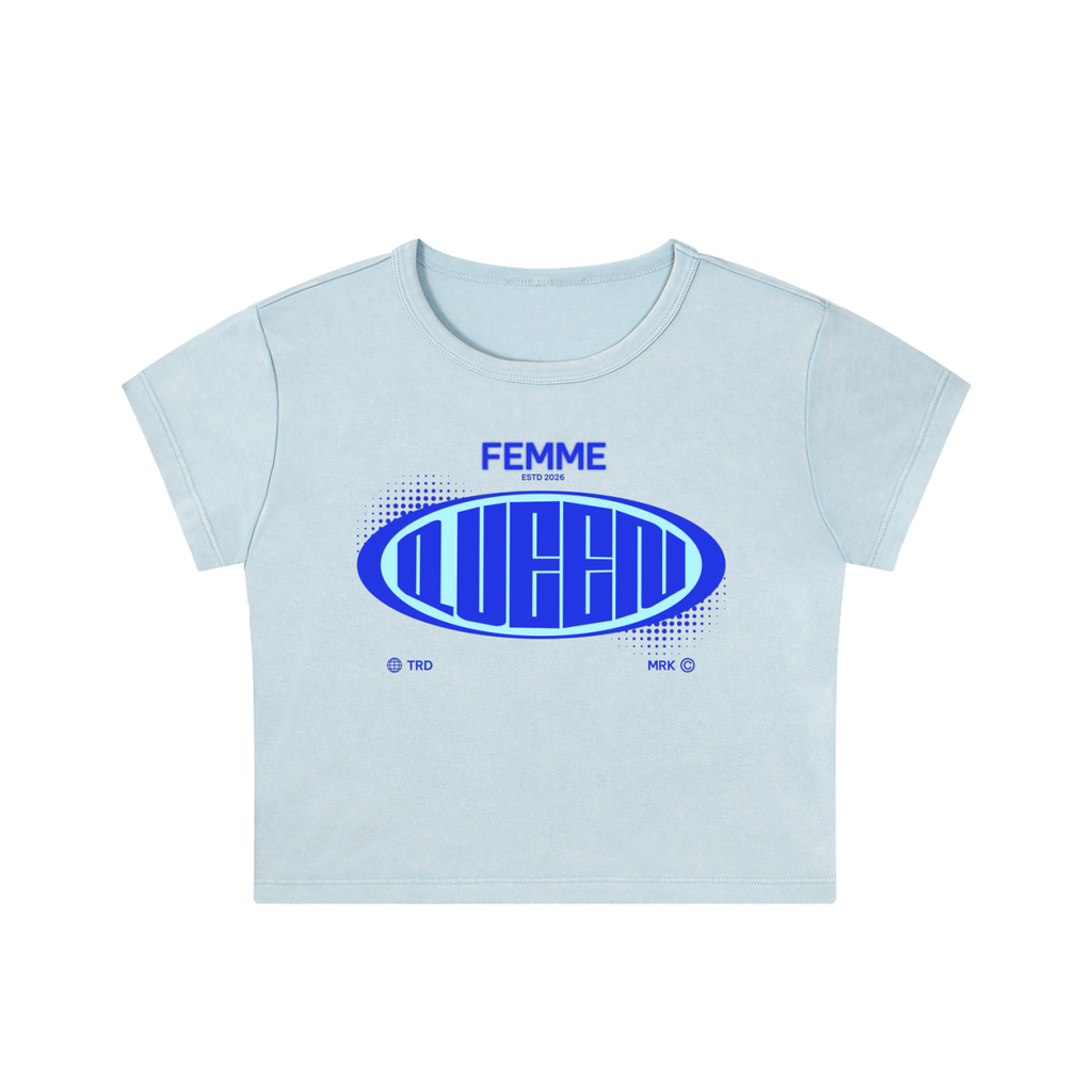 Snow Washed Crop Top with Blue Femme Queen Graphic