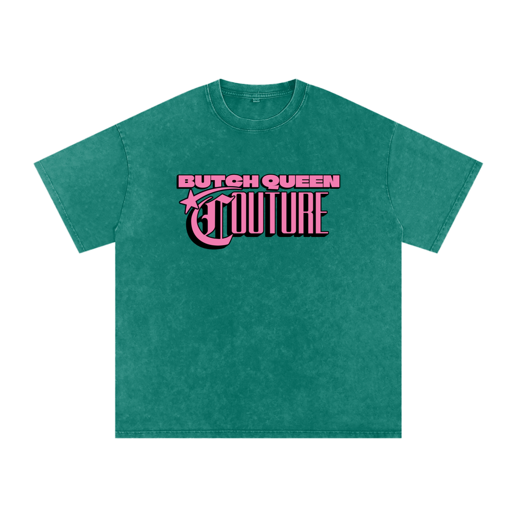 Snow Washed Oversized Cotton T-Shirt with BQ Couture Graphic