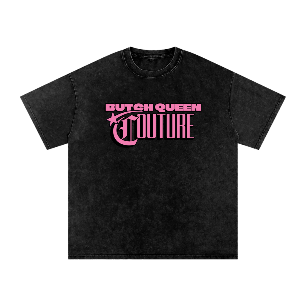 Snow Washed Oversized Cotton T-Shirt with BQ Couture Graphic