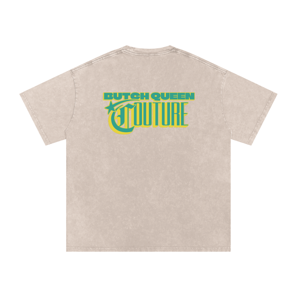 Snow Washed Oversized Cotton T-Shirt with Green BQ Couture Graphic