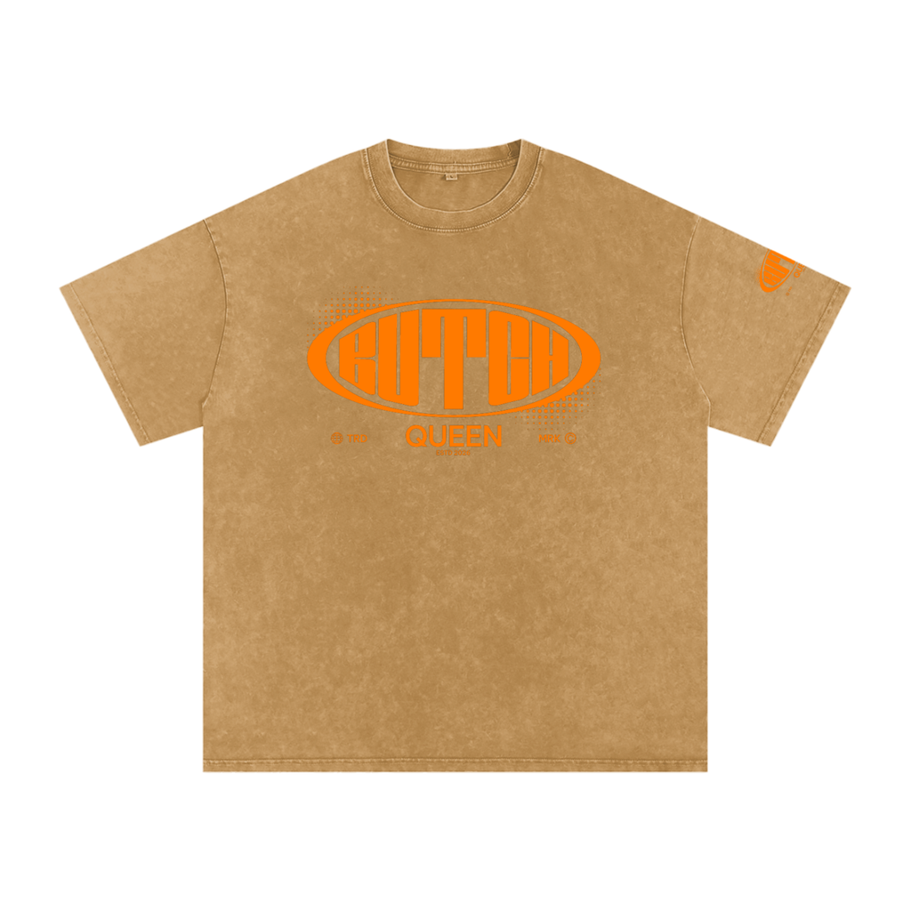Snow Washed Oversized Cotton T-Shirt with Orange Butch Logo Graphic