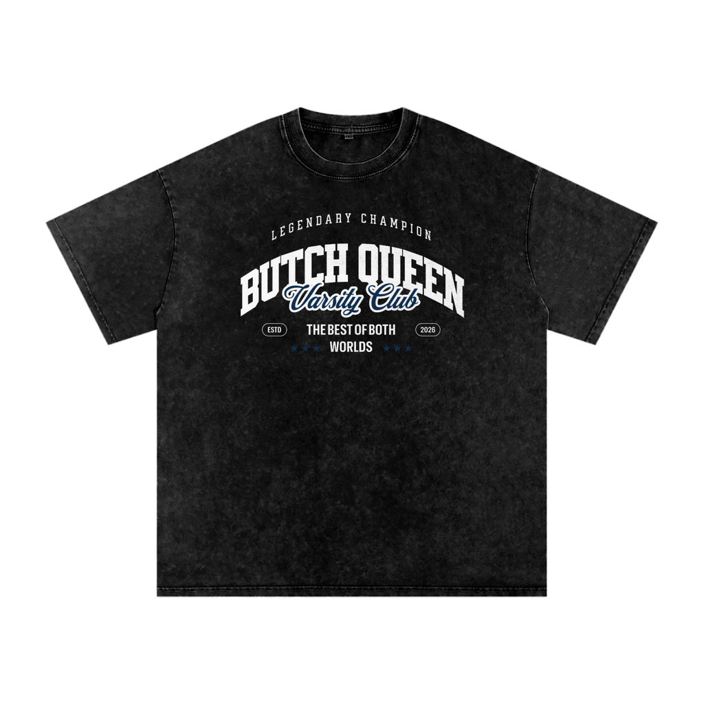 Snow Washed Oversized Cotton T-Shirt with Blue BQ Varsity Graphic