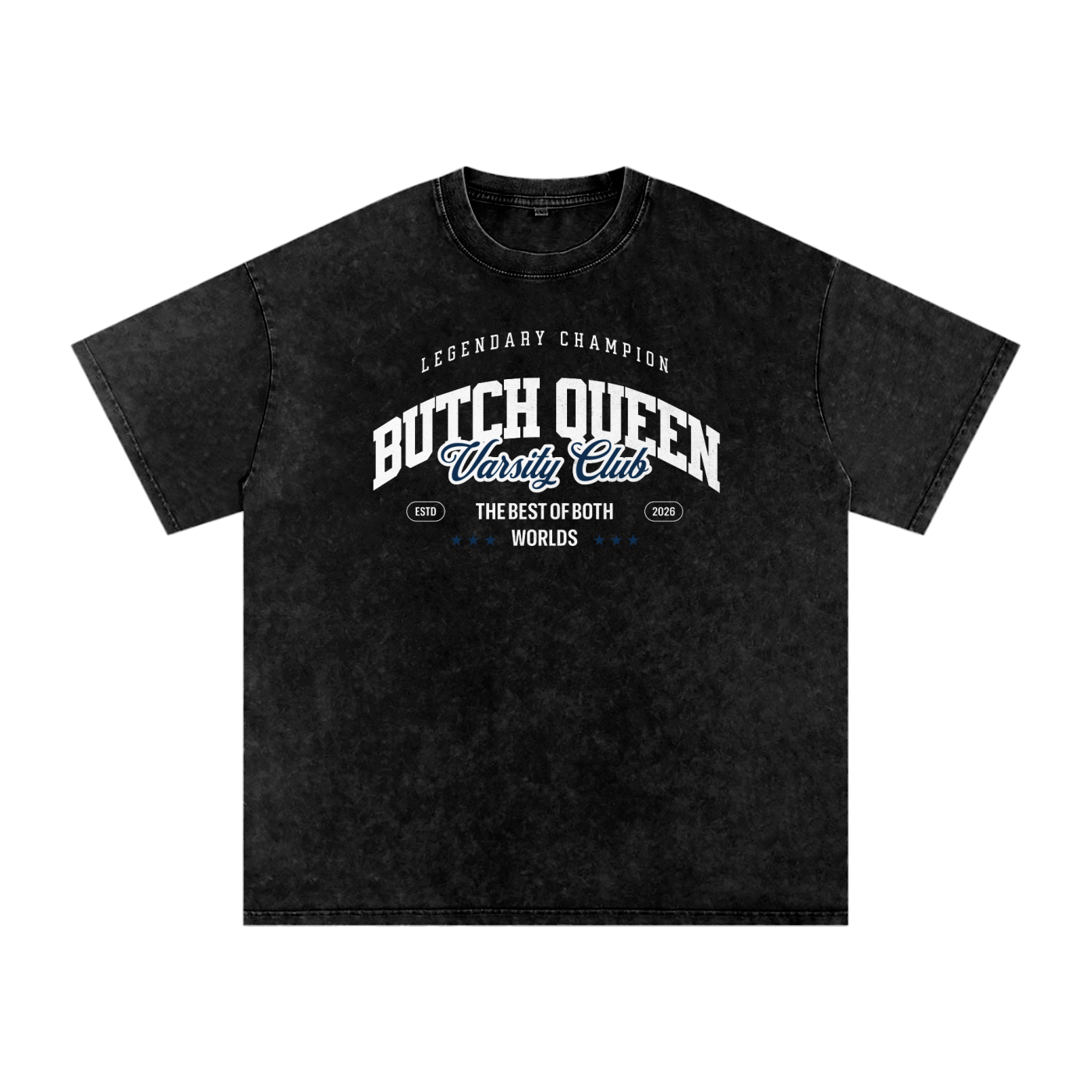 Snow Washed Oversized Cotton T-Shirt with Blue BQ Varsity Graphic