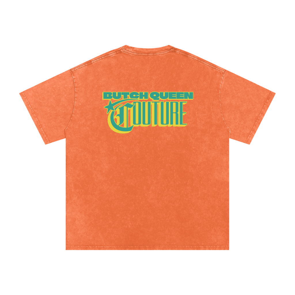 Snow Washed Oversized Cotton T-Shirt with Green BQ Couture Graphic