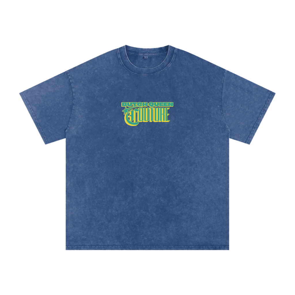 Snow Washed Oversized Cotton T-Shirt with Green BQ Couture Graphic
