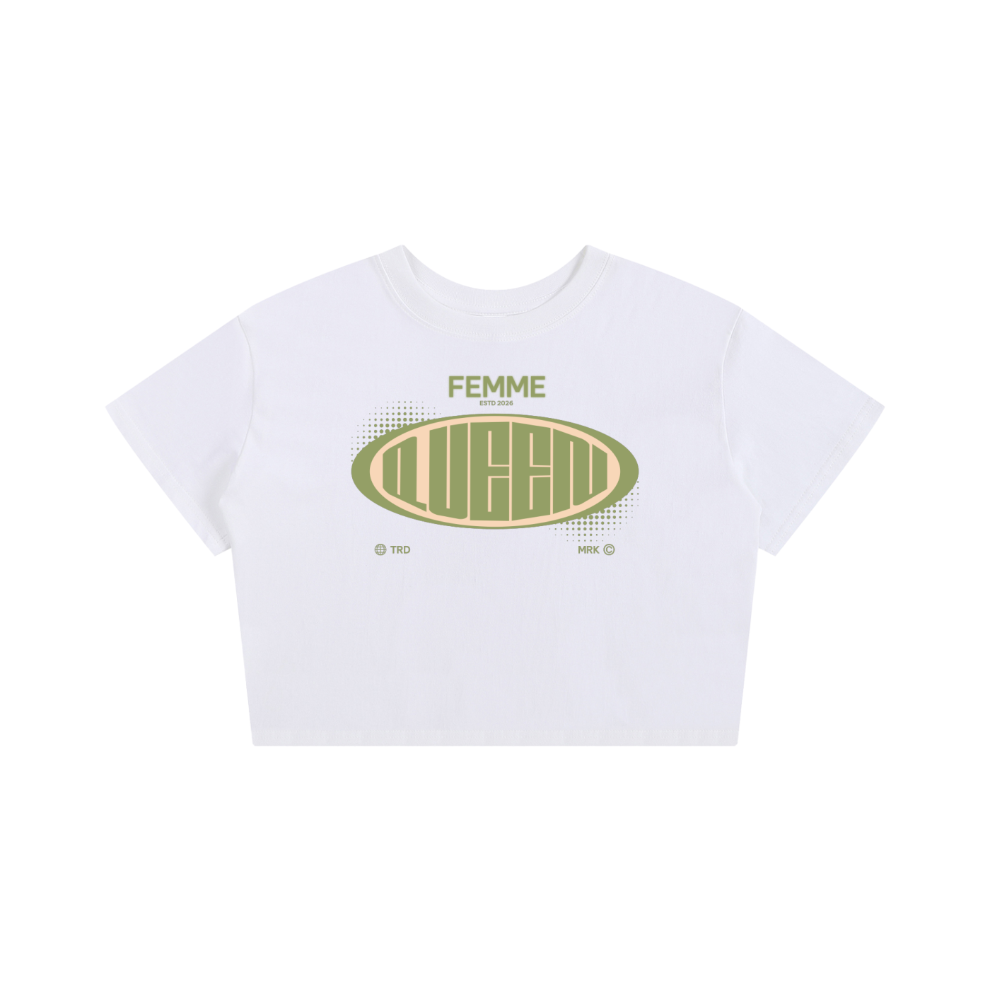 Baby Tee Seamless T-Shirt with Green Femme Queen Graphic