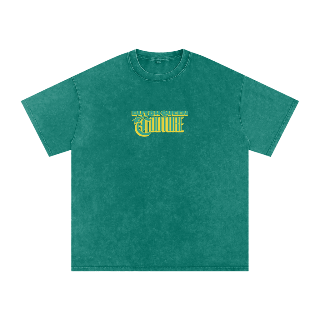 Snow Washed Oversized Cotton T-Shirt with Green BQ Couture Graphic