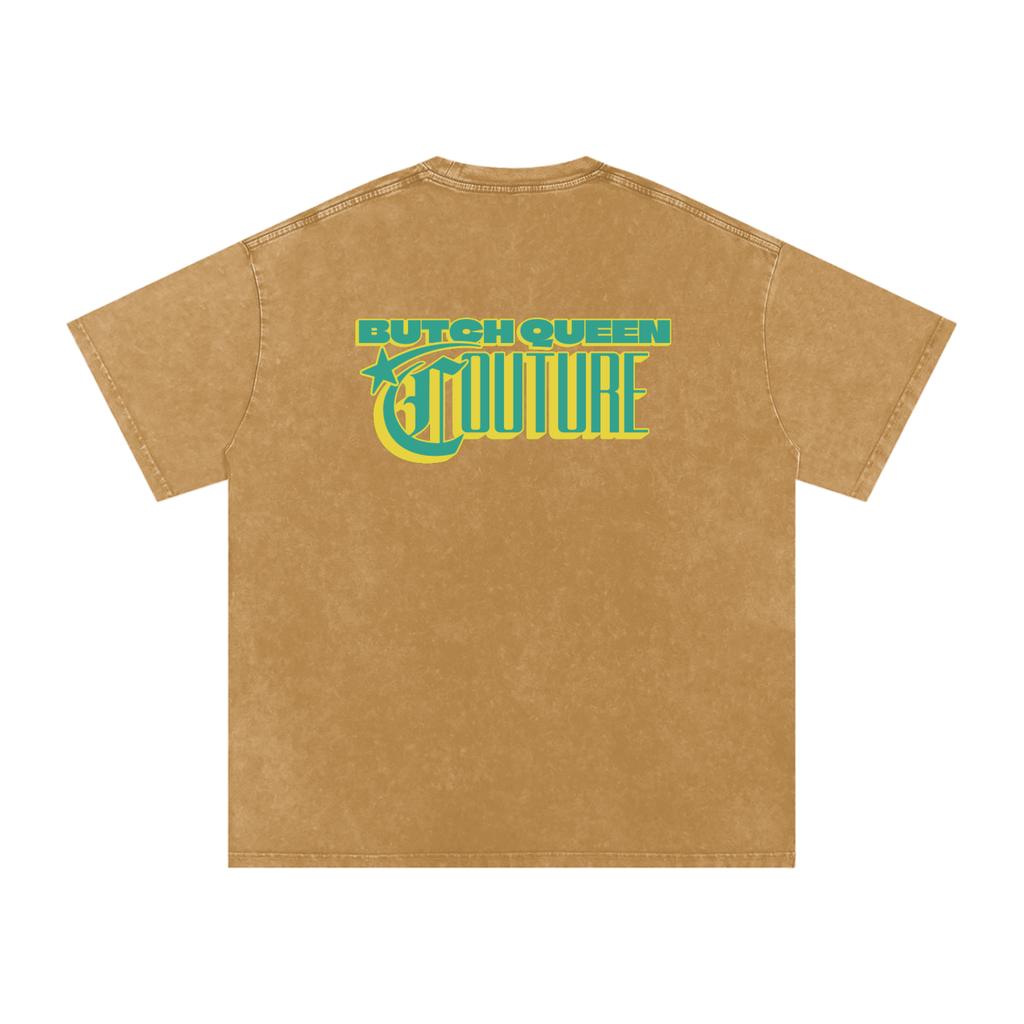 Snow Washed Oversized Cotton T-Shirt with Green BQ Couture Graphic