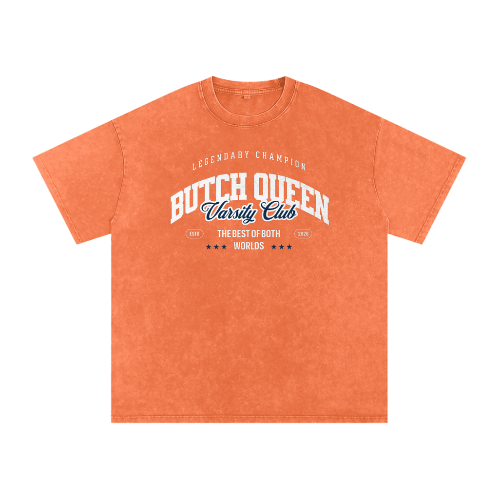 Snow Washed Oversized Cotton T-Shirt with Blue BQ Varsity Graphic