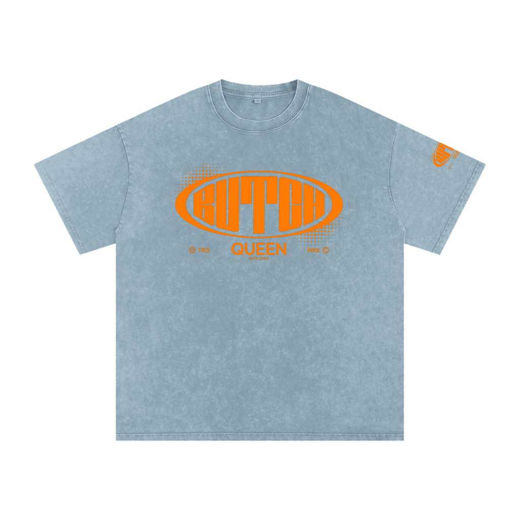 Snow Washed Oversized Cotton T-Shirt with Orange Butch Logo Graphic