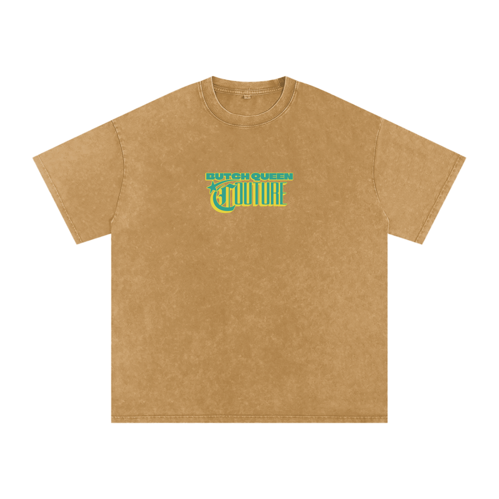 Snow Washed Oversized Cotton T-Shirt with Green BQ Couture Graphic