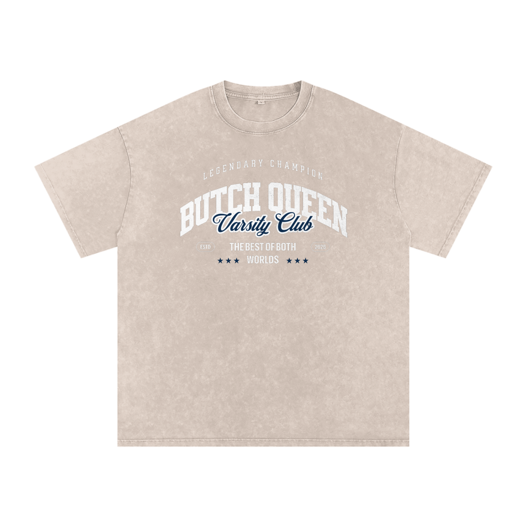 Snow Washed Oversized Cotton T-Shirt with Blue BQ Varsity Graphic