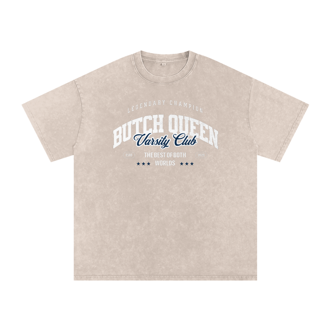 Snow Washed Oversized Cotton T-Shirt with Blue BQ Varsity Graphic